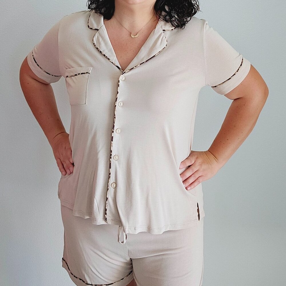 Modal Short Sleeve & Shorts Lounge Set with Animal Print Trim - Taupe - Mystree